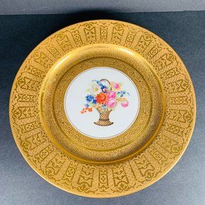 Limoges France Cabinet Plates Wide Gold Flourished Border Flower Basket Center V